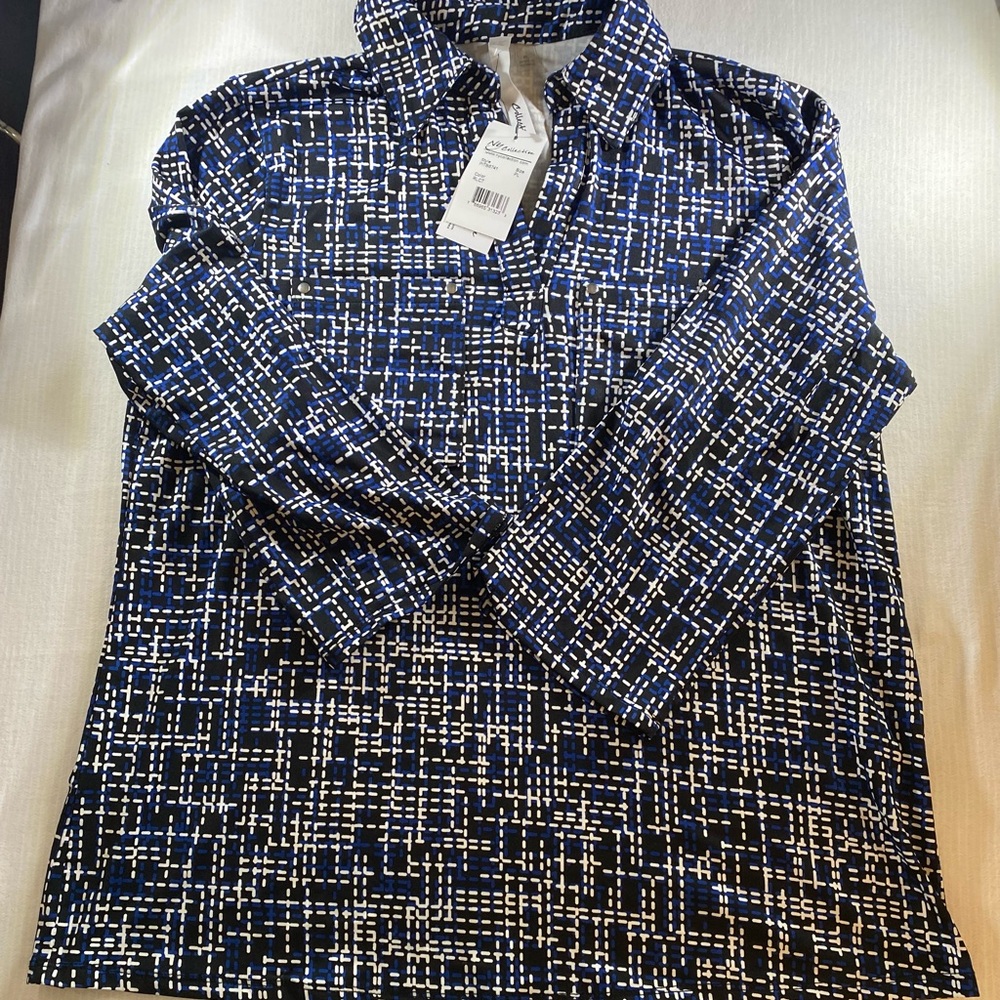 NY Collection Women’s Plus PL Blue Black White Geometric Print Pullover